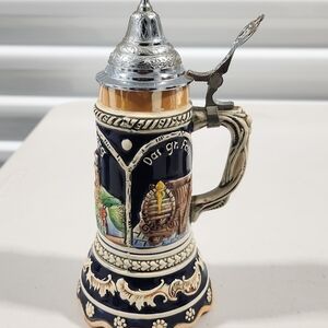 Hand-Painted Ceramic Beer Stein with Pewter Lid - Navy & Cream